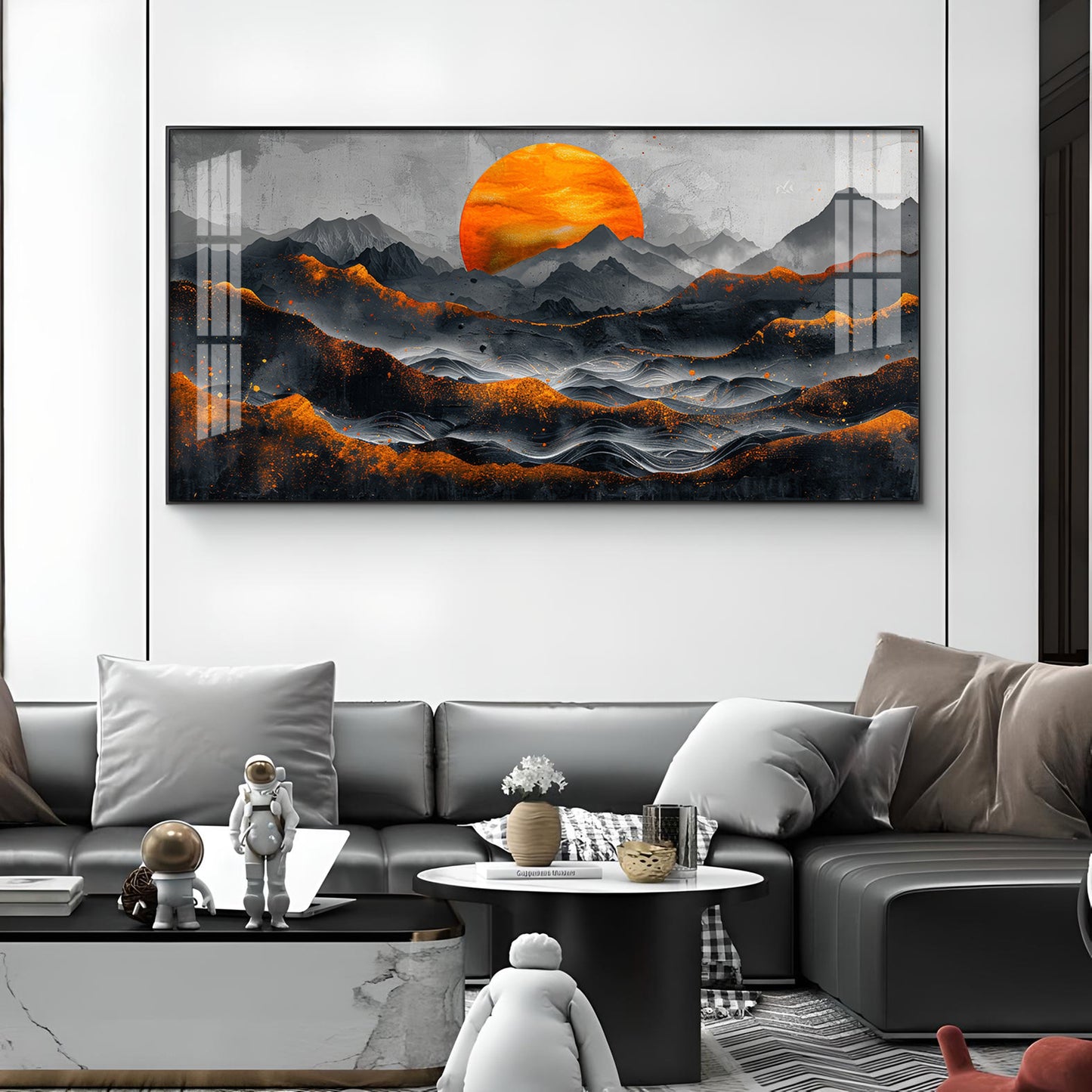 Sun Rise In Black Mountain Glass Finish Horizontal Wall Art