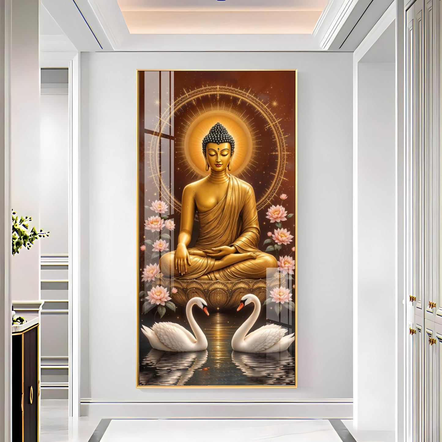 Meditating Budha With Swarn Glass Finish Vertical Wall Art