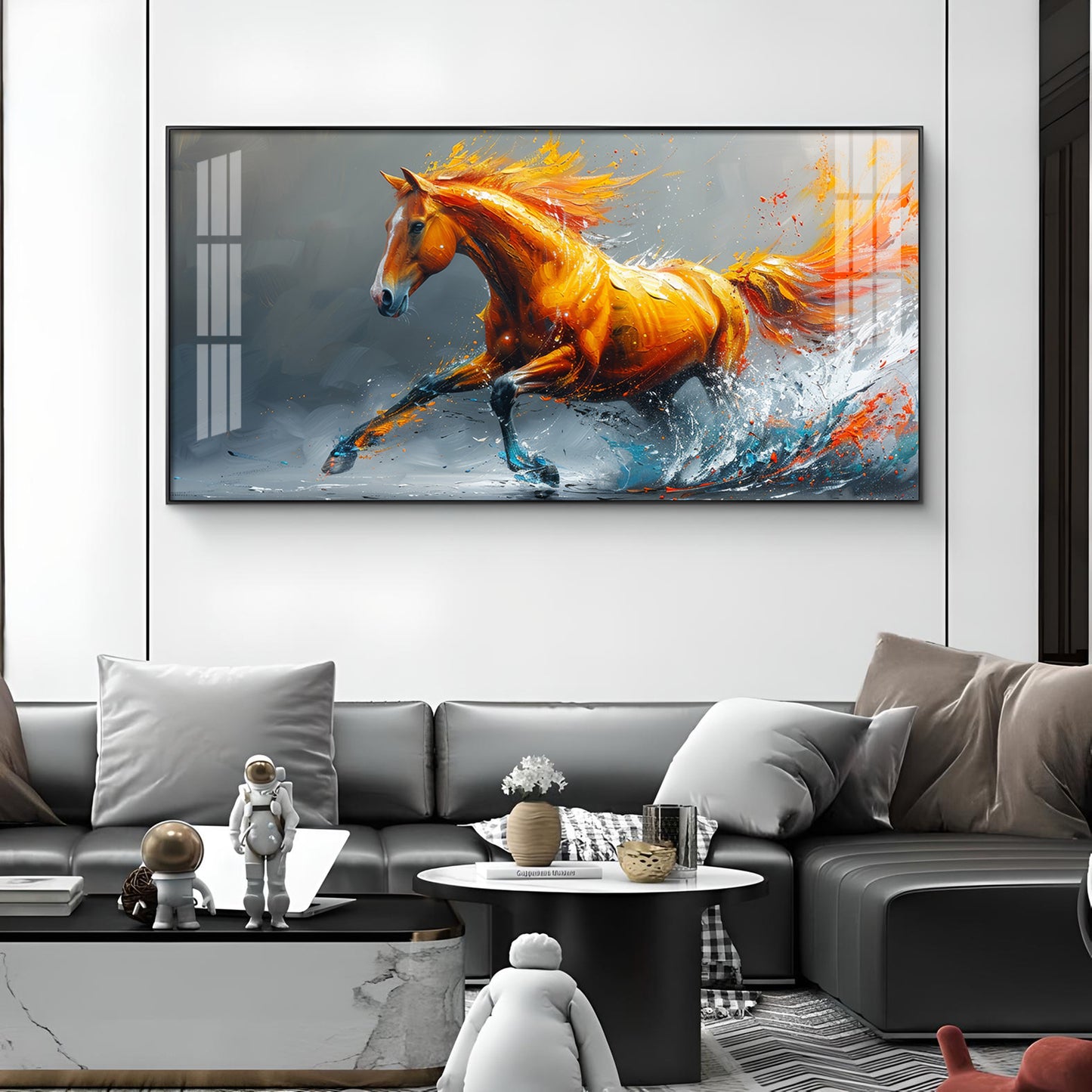 One Running Horse Glass Finish Horizontal Wall Art