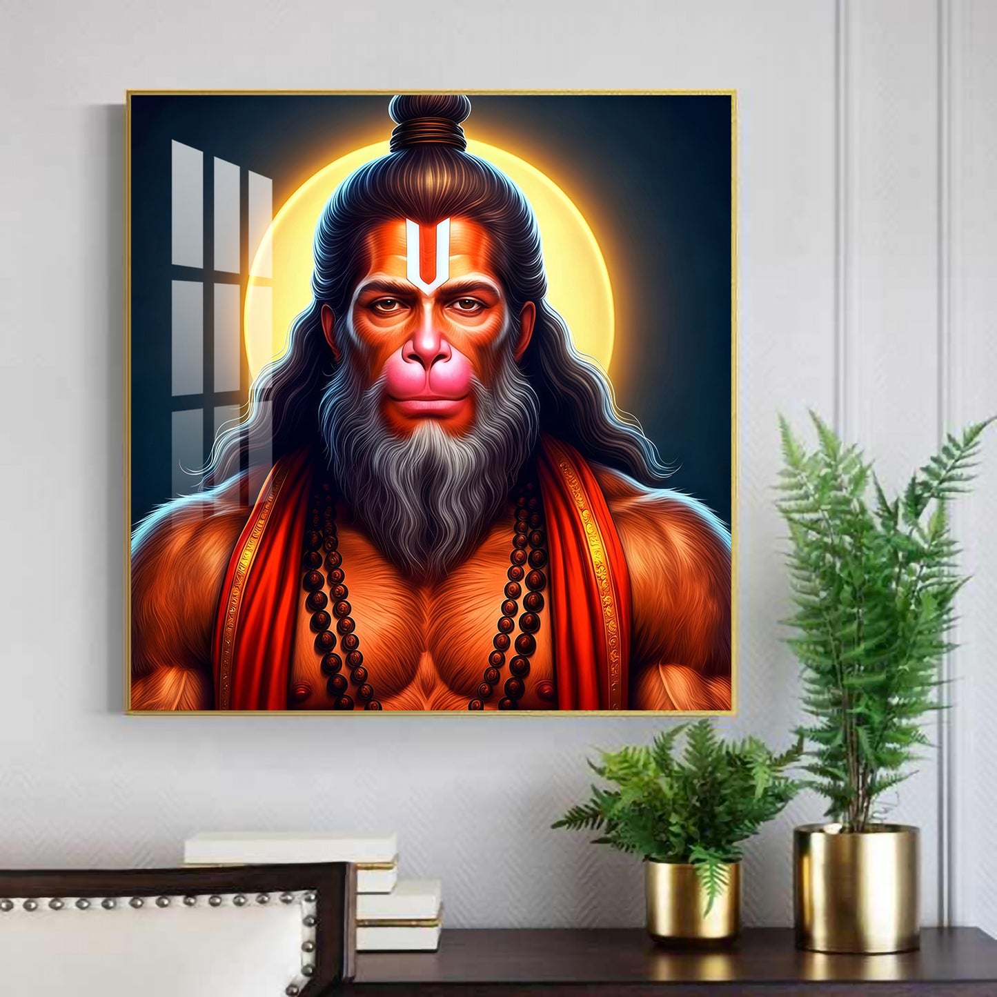 Lord Hanuman Glass Finish Square Wall Art