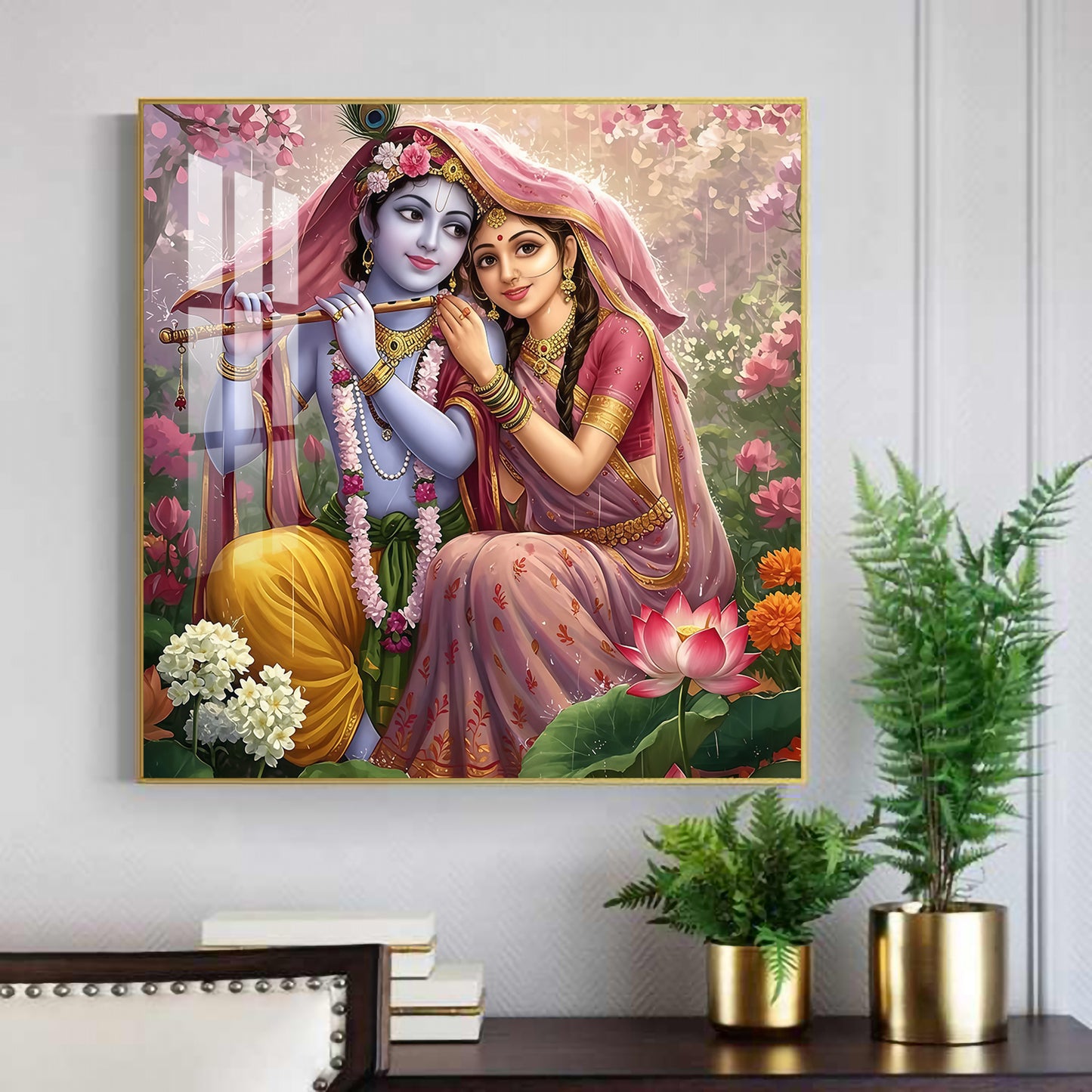 Shri Radha Krishna Glass Finish Square Wall Art