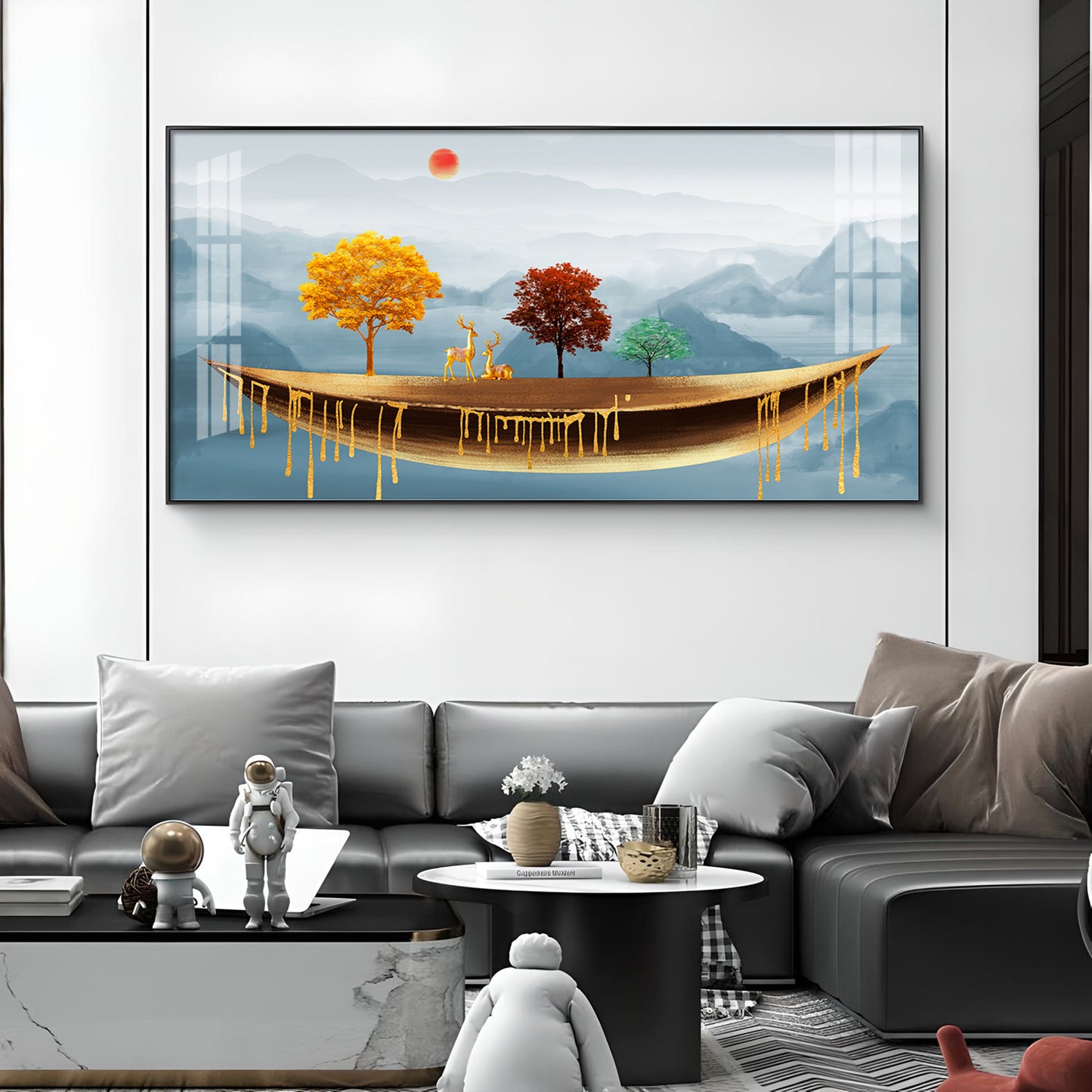 Golden Abstract Landscape Art Colored Line Tree Glass Finish Horizontal Wall Art