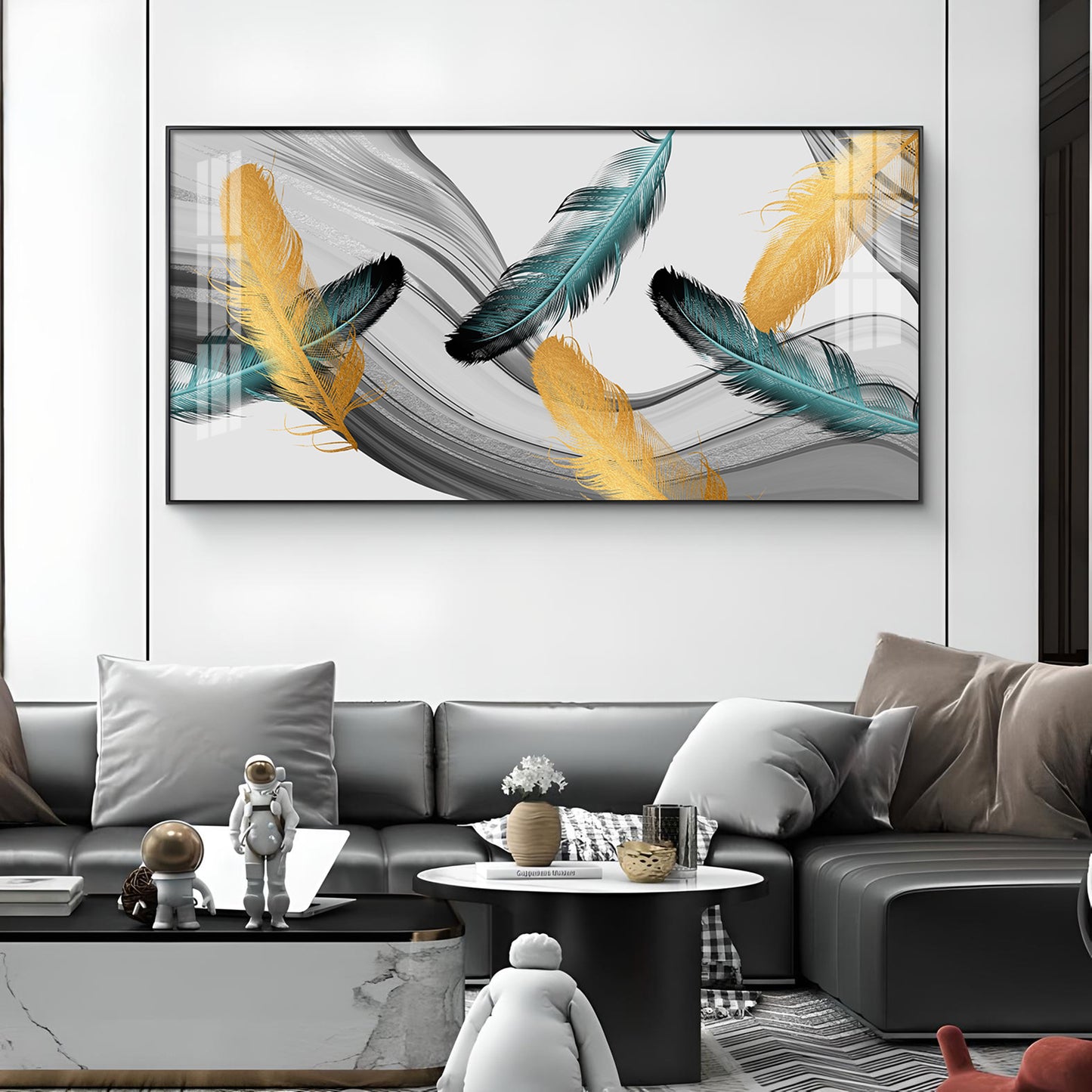 Ginkgo Leaf And Feather Glass Finish Horizontal Wall Art