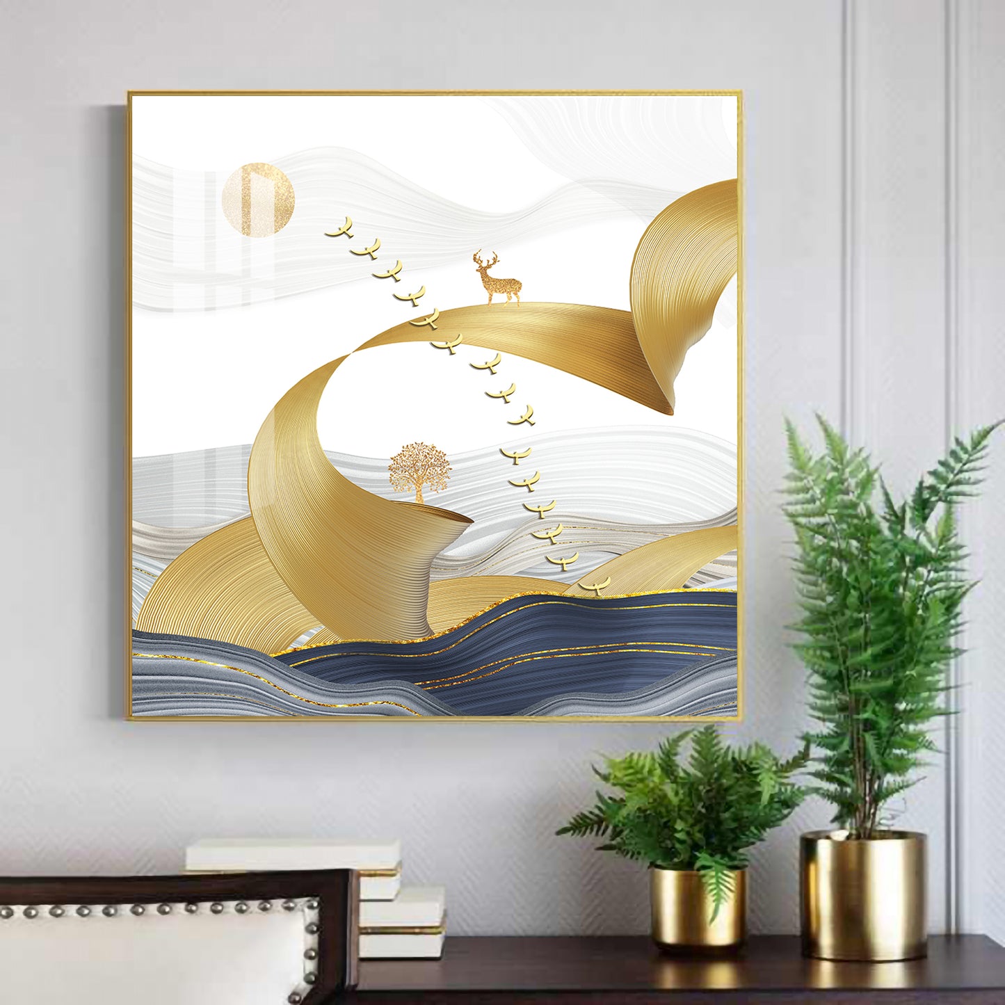 Golden Bird Above the Peaks Glass Finish Square Wall Art