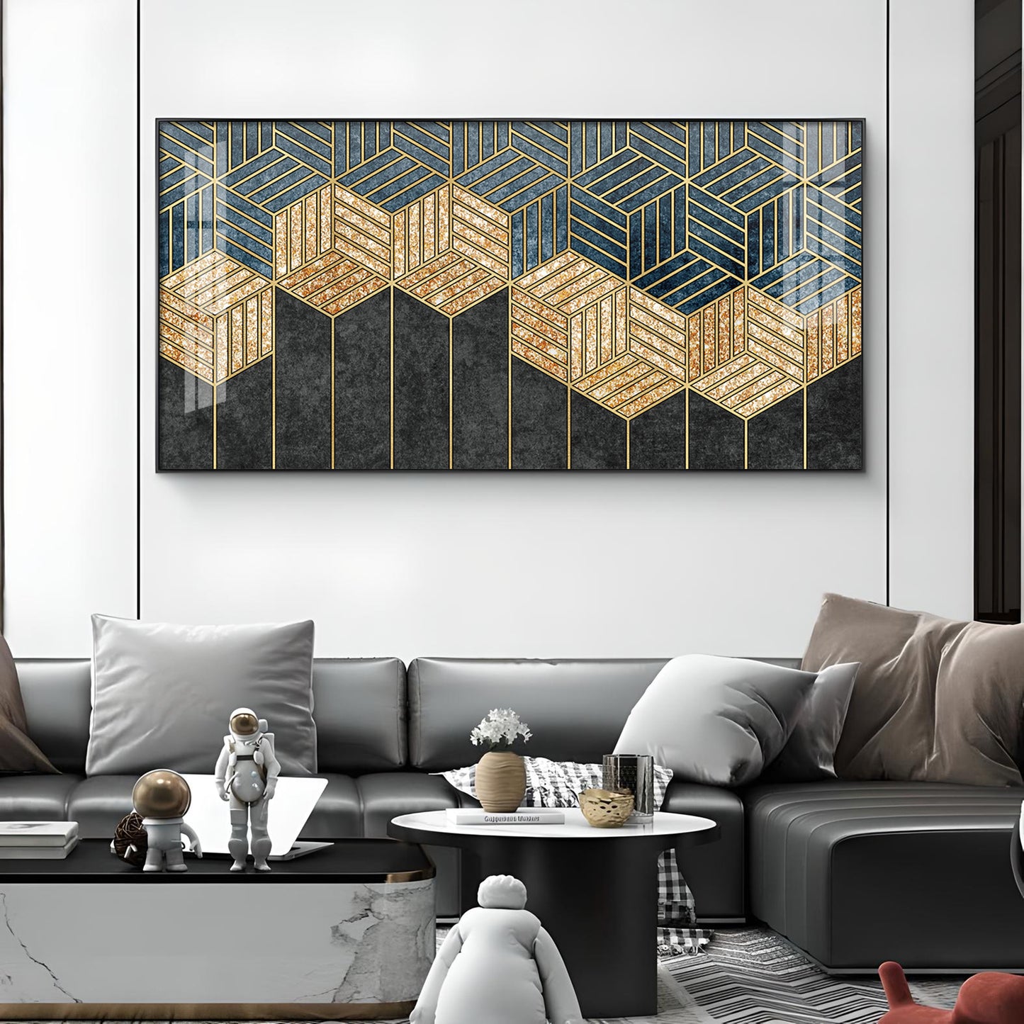 Hampton Abstract Black & Gold Glass Finish Horizontal Wall Art