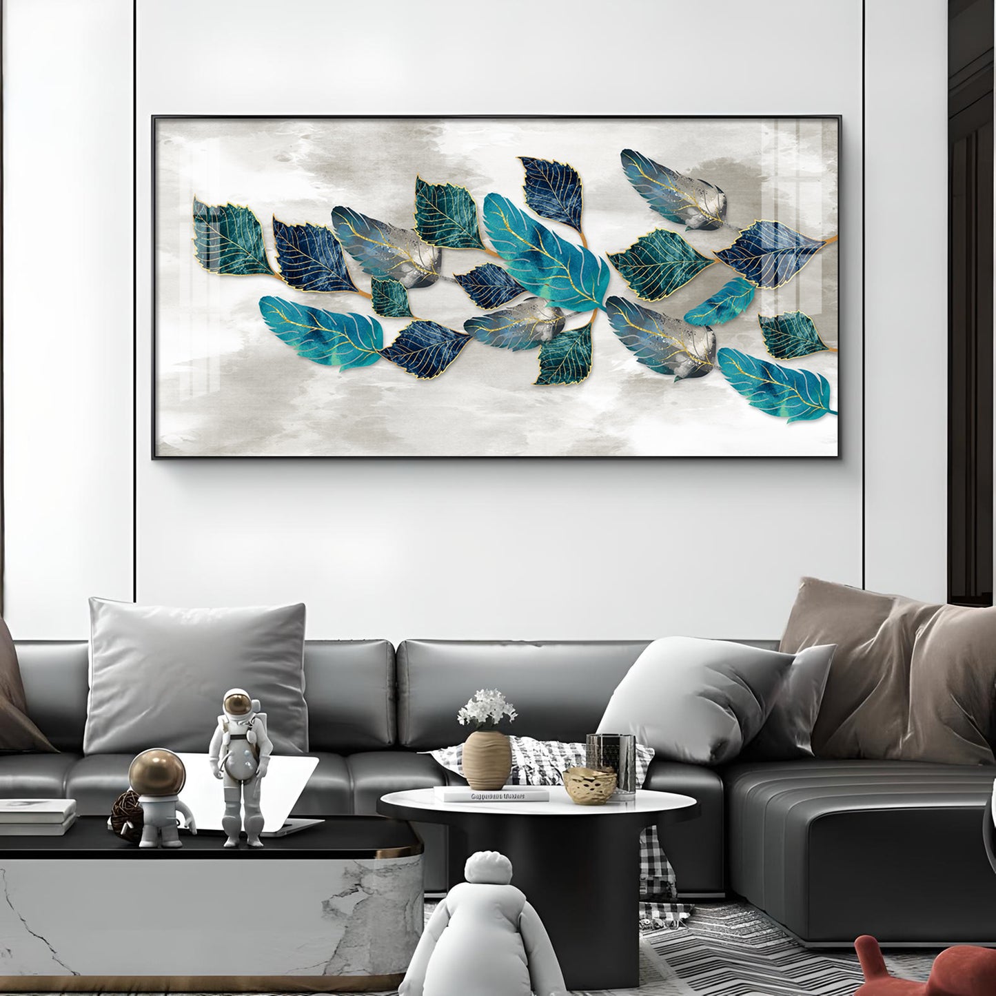 Turquoise Greay Leaves Glass Finish Horizontal Wall Art