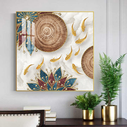 Ivory and Gold Fish Harmony Glass Finish Square Wall Art