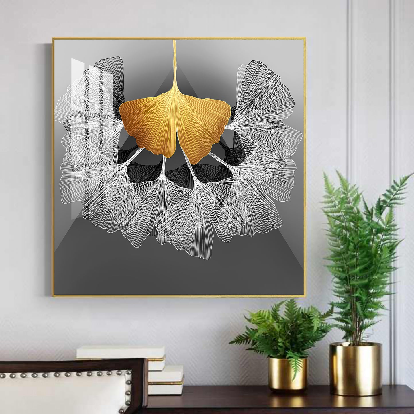 Ginkgo Leaf Glass Finish Square Wall Art