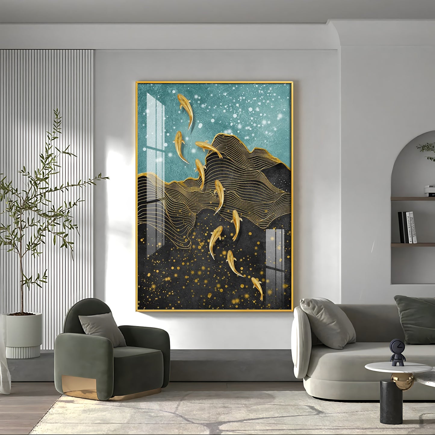 Black Gold Aquatic Fish Glass Finish Vertical Wall Art