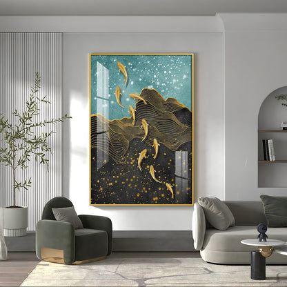 Black Gold Aquatic Fish Glass Finish Vertical Wall Art