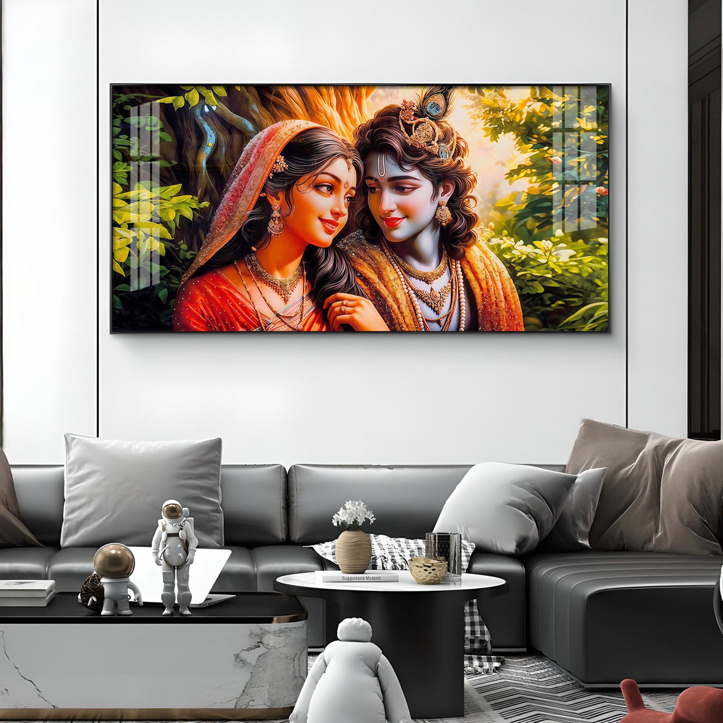 Loving Couple Radha and Krishna Glass Finish Horizontal Wall Art