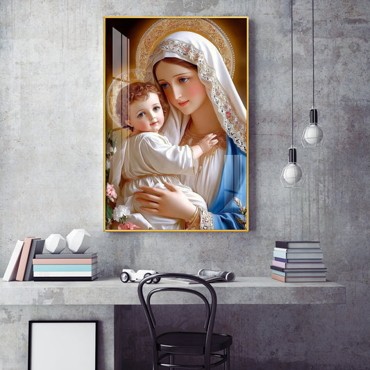 Mother Mary and Child wall art Glass Finish Vertical Wall Art
