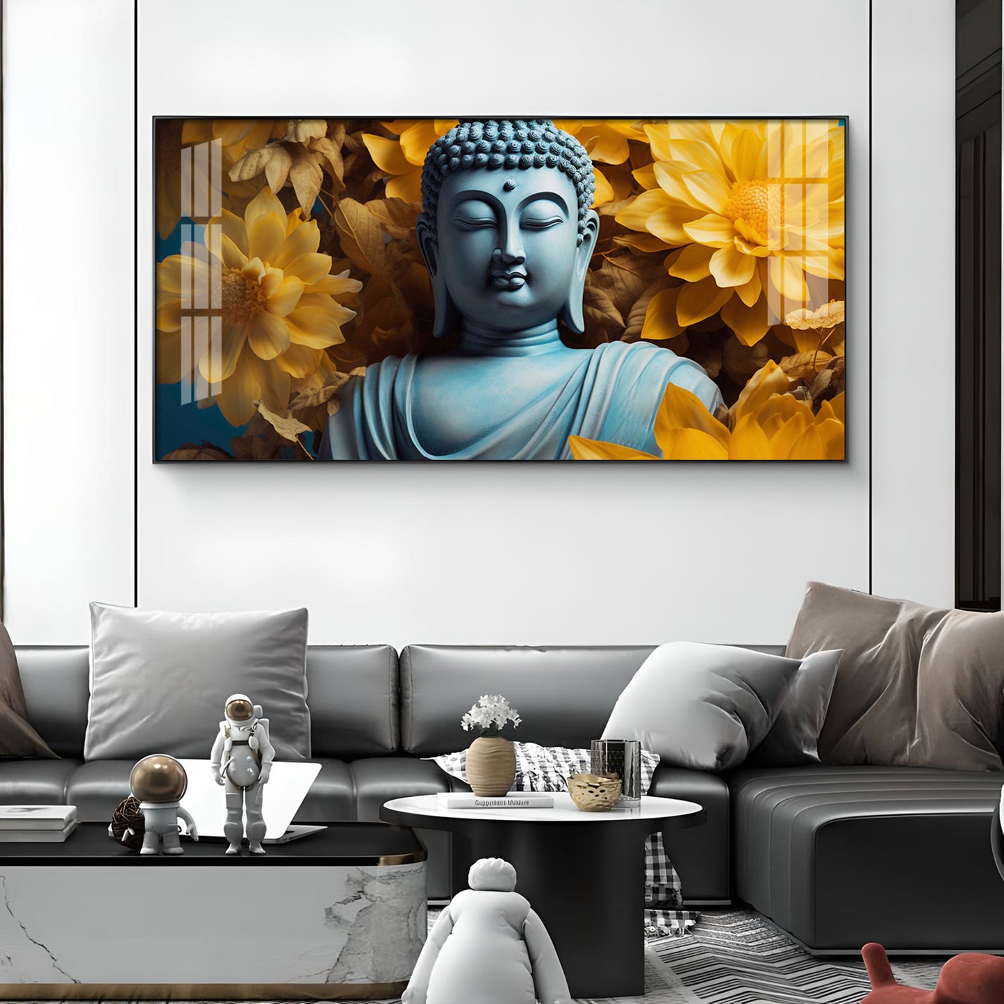 Majestic Buddha With Flower Glass Finish Horizontal Wall Art