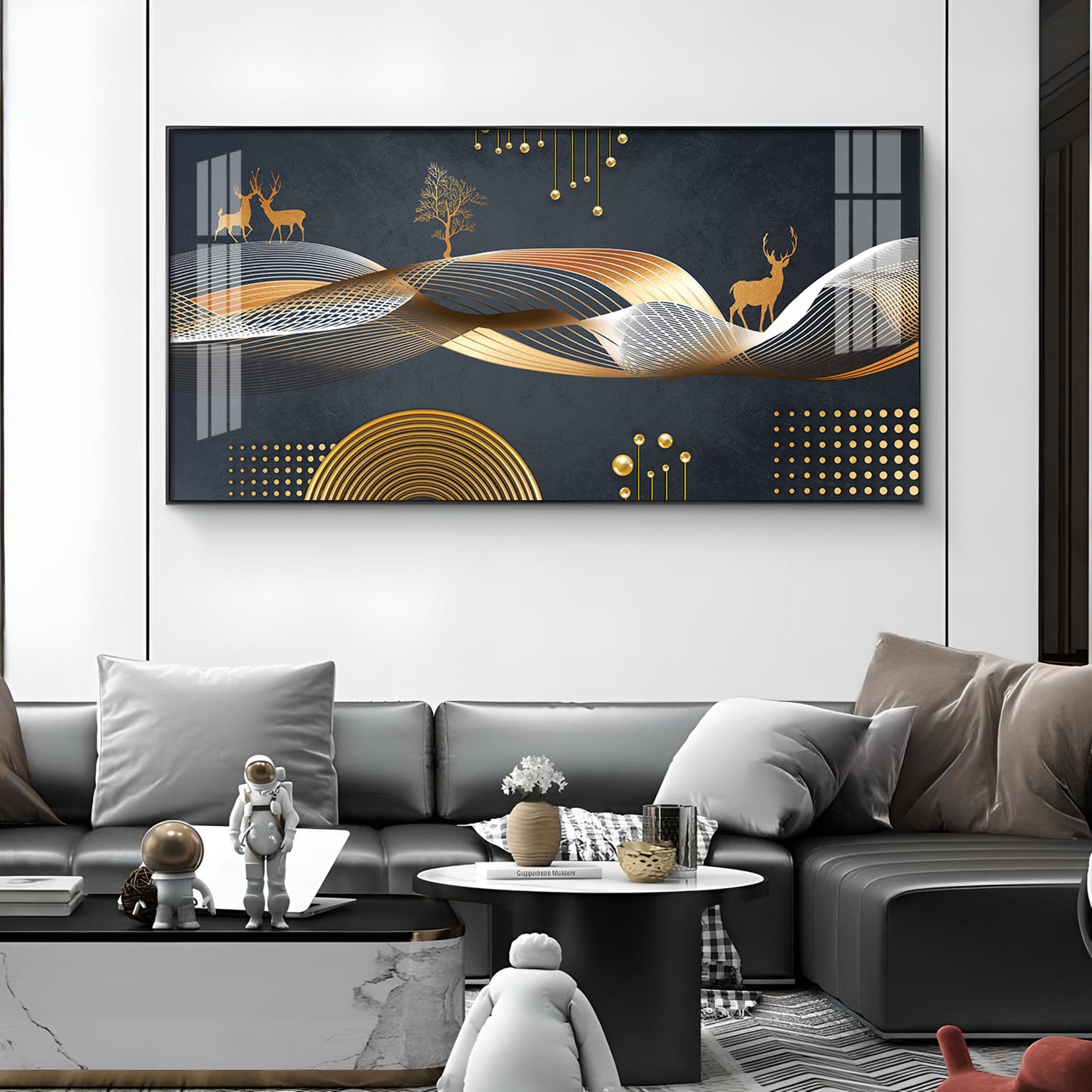 Night Landscape With Golden Deer Glass Finish Horizontal Wall Art