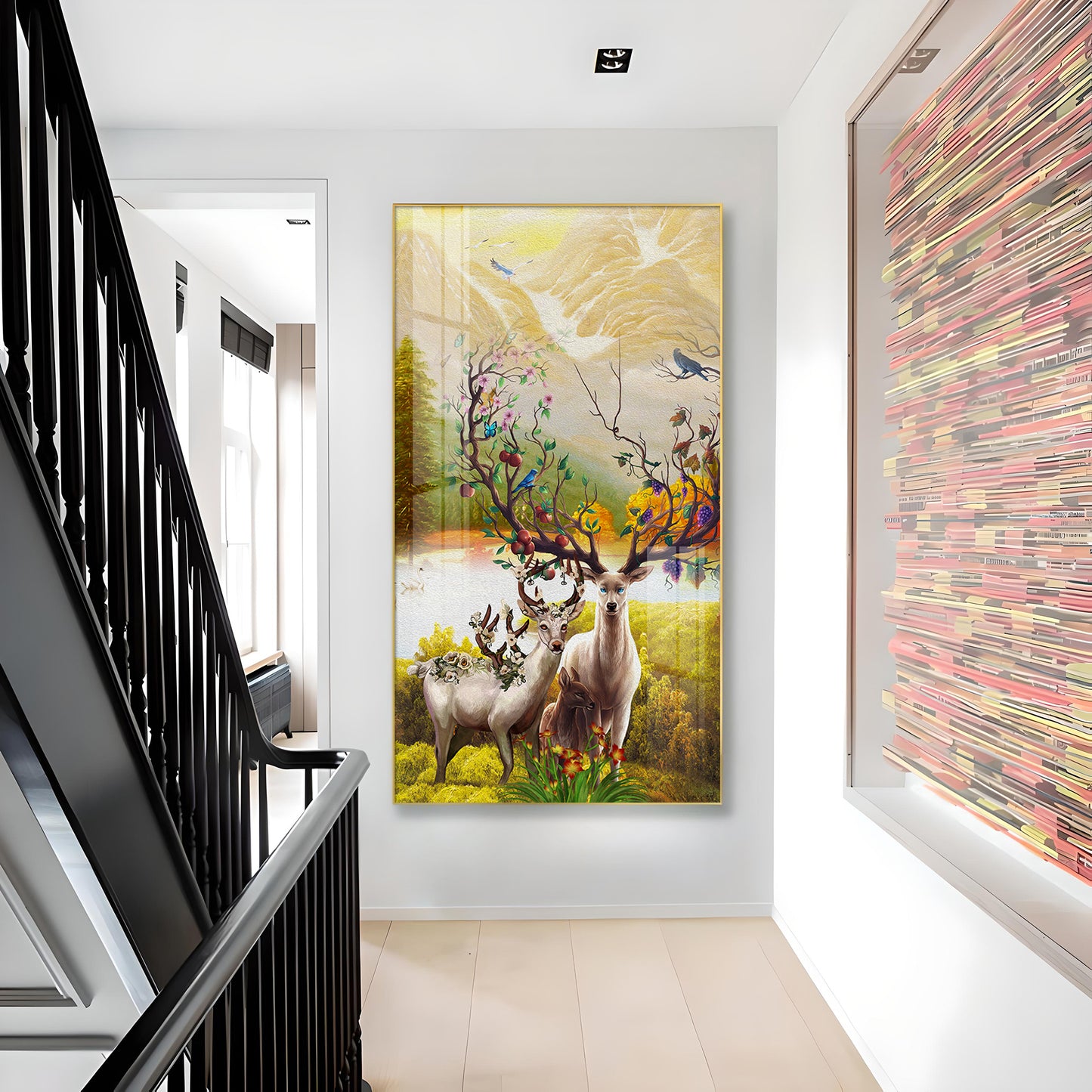 Portrait of Deer and Blossoms Glass Finish Vertical Wall Art