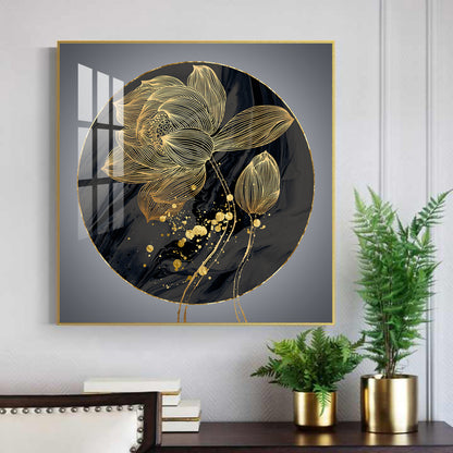 Golden Petal Grandeur Glass Finish Square Wall Art