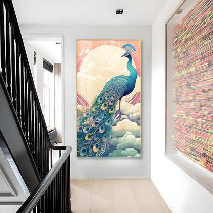 Heavenly Peacock Vista Glass Finish Vertical Wall Art