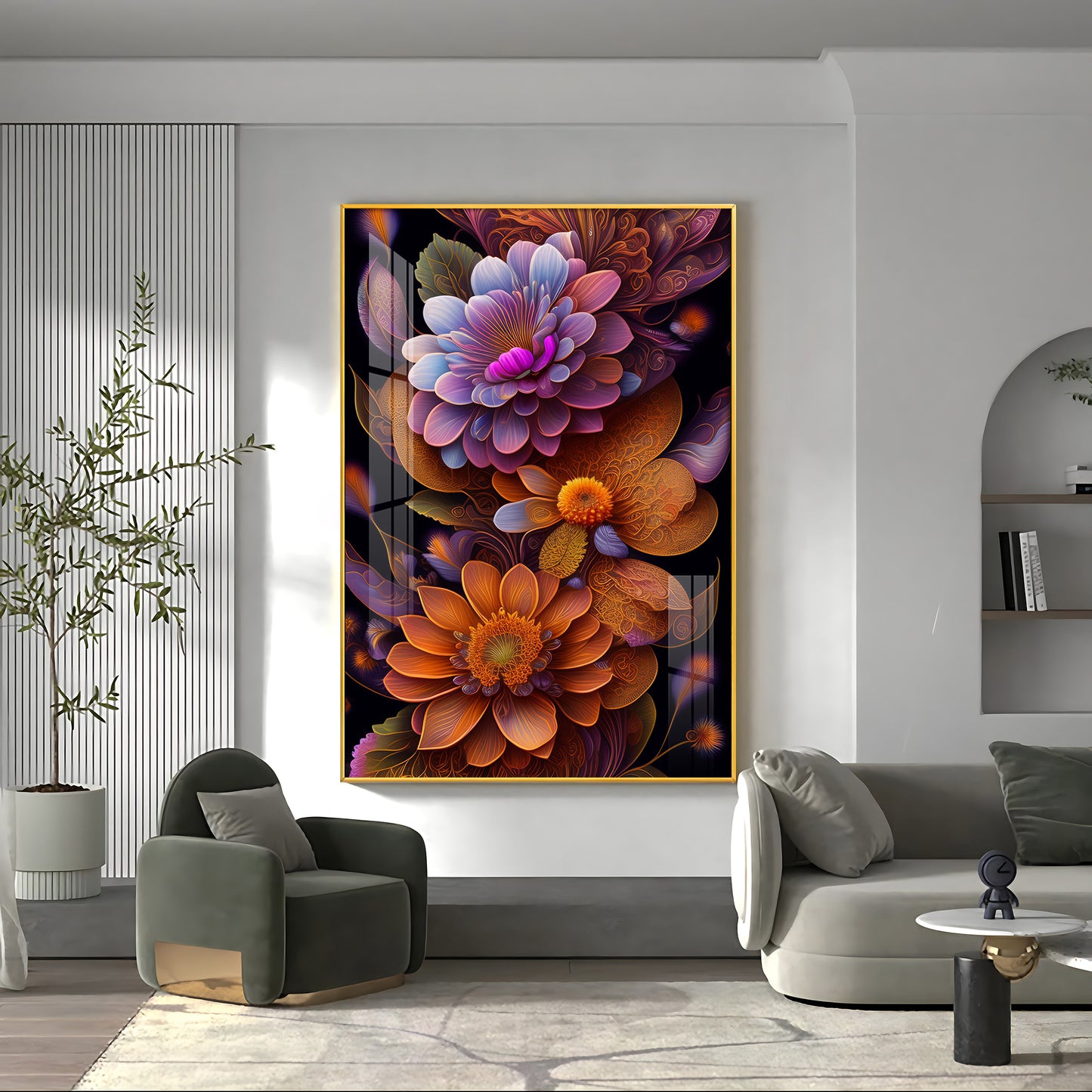 Floral Symphony Glass Finish Vertical Wall Art