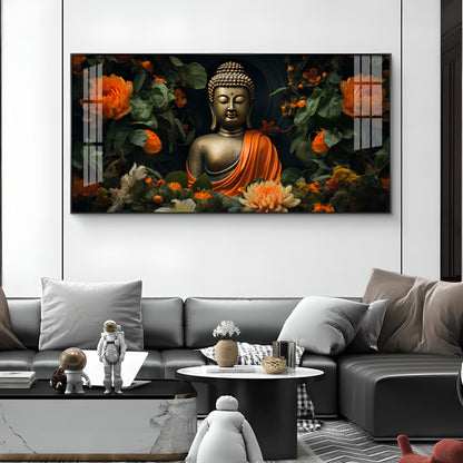 Luminous Buddha With Flower Glass Finish Horizontal Wall Art