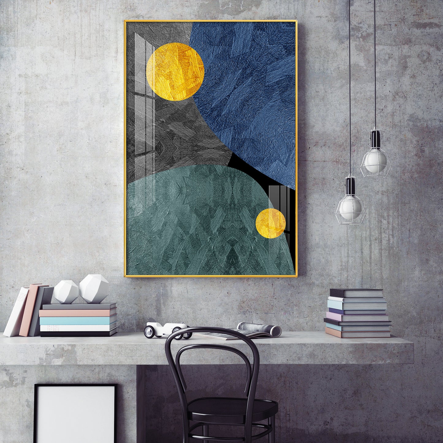 Abstract Yellow and Blue Glass Finish Vertical Wall Art