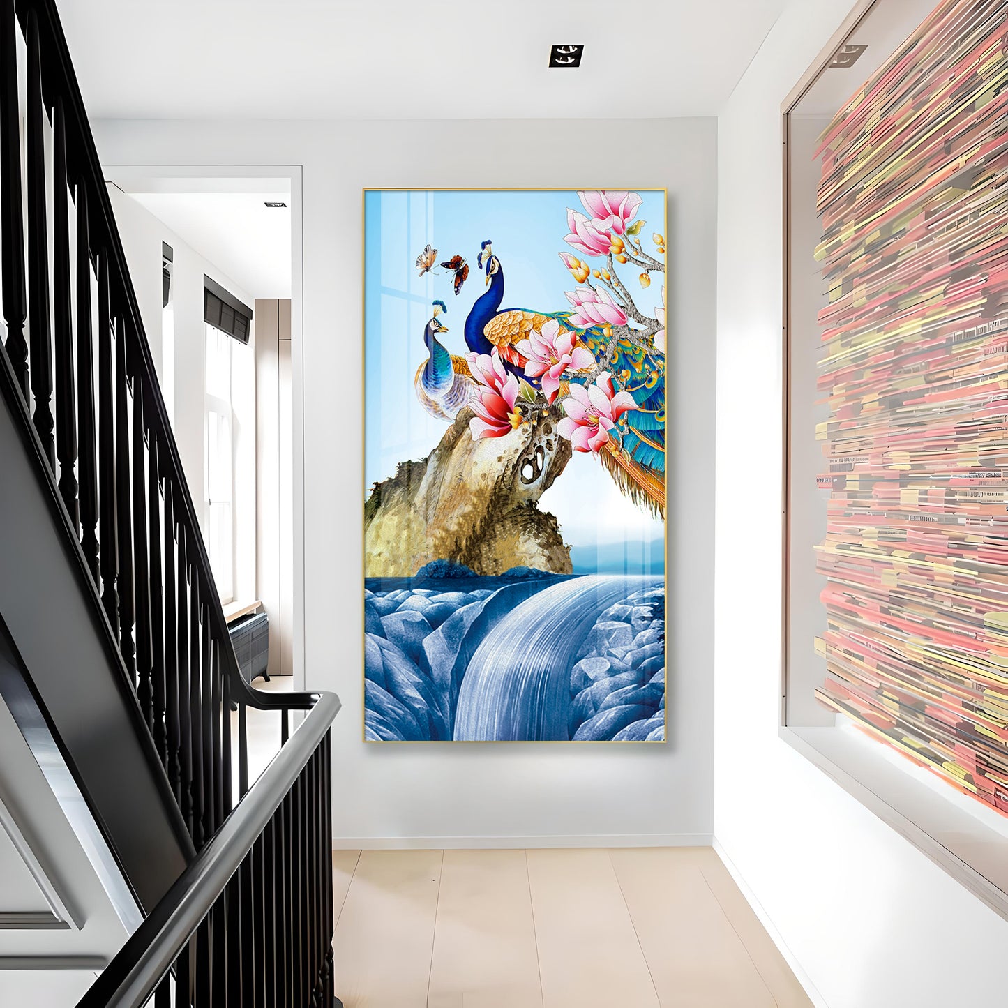 Peacock Amidst Floral Waters Glass Finish Vertical Wall Art