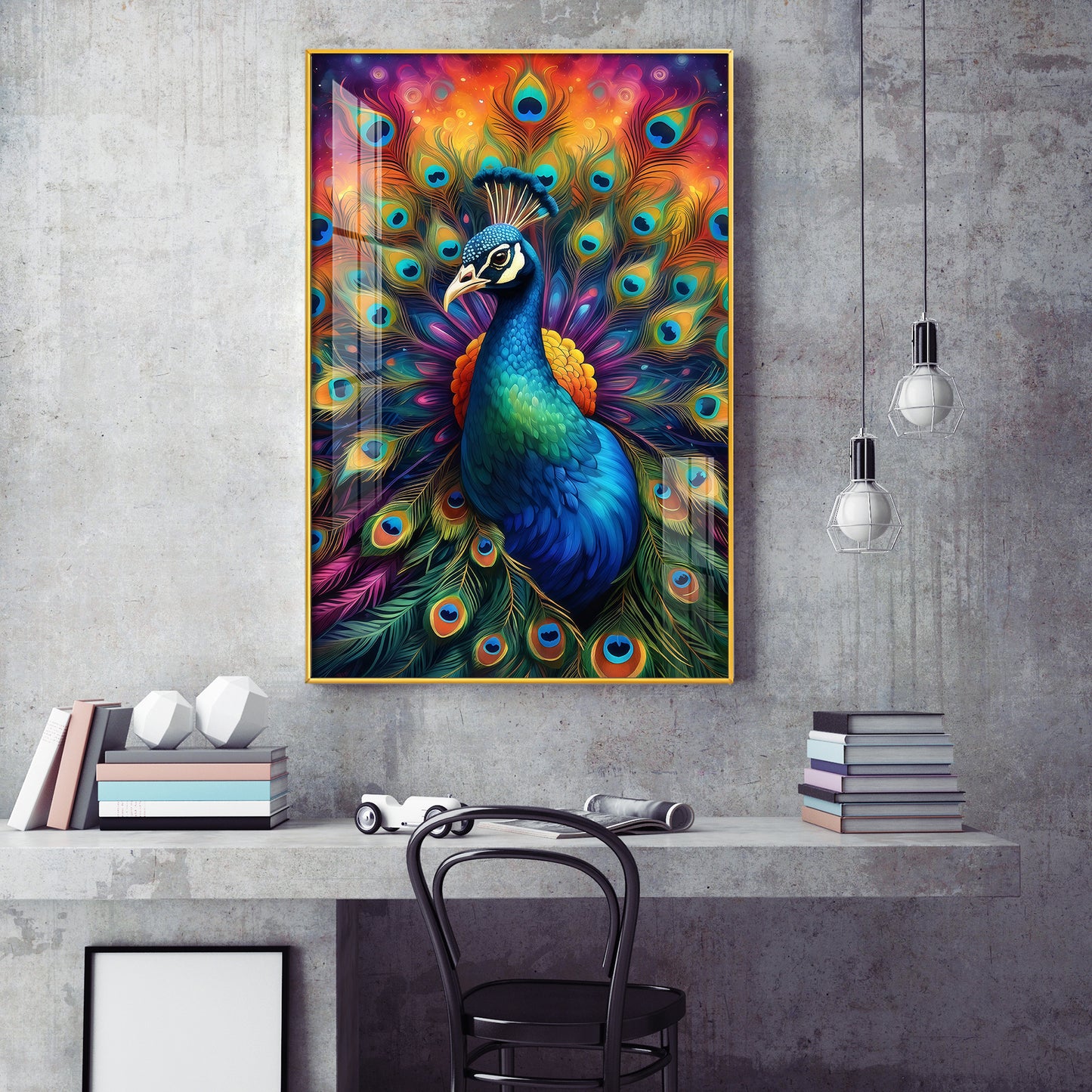 Beautiful Peacock Glass Finish Vertical Wall Art
