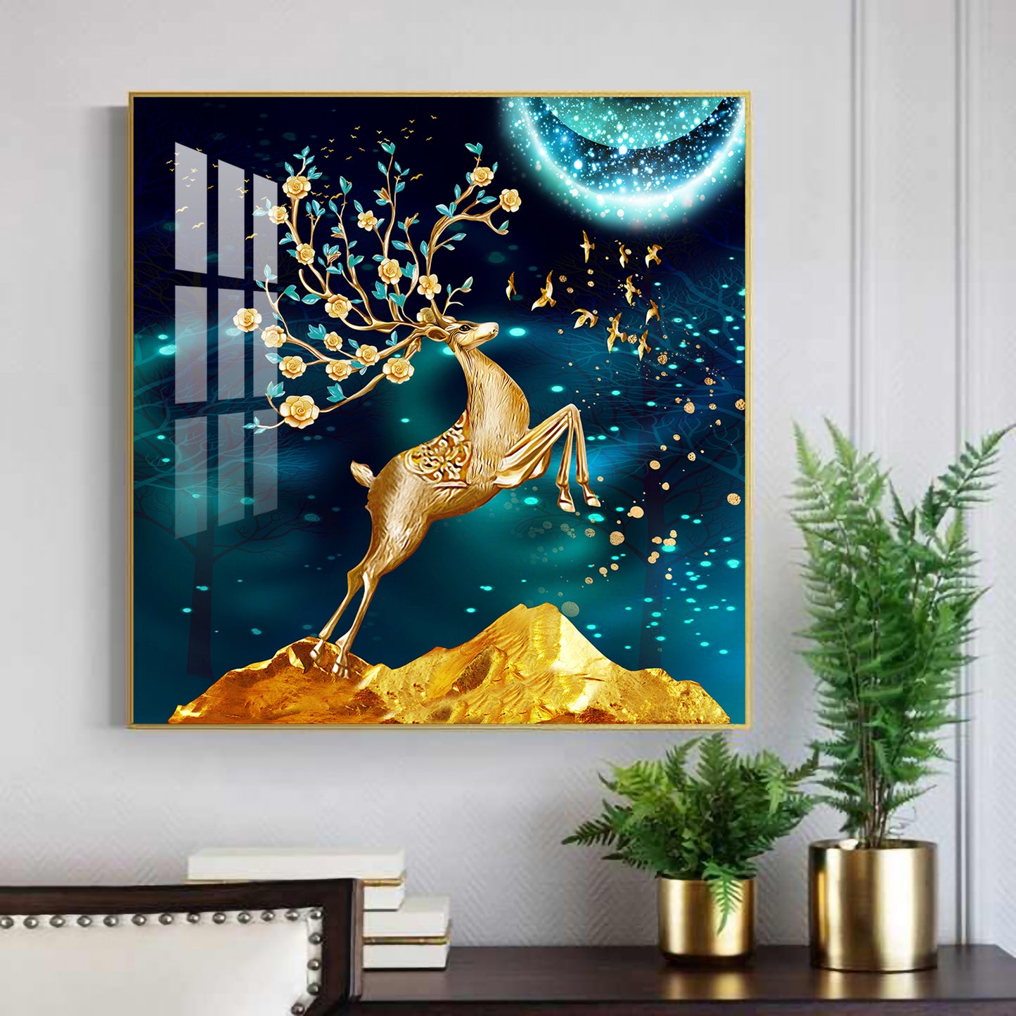 Golden Antlered Beauty Glass Finish Square Wall Art