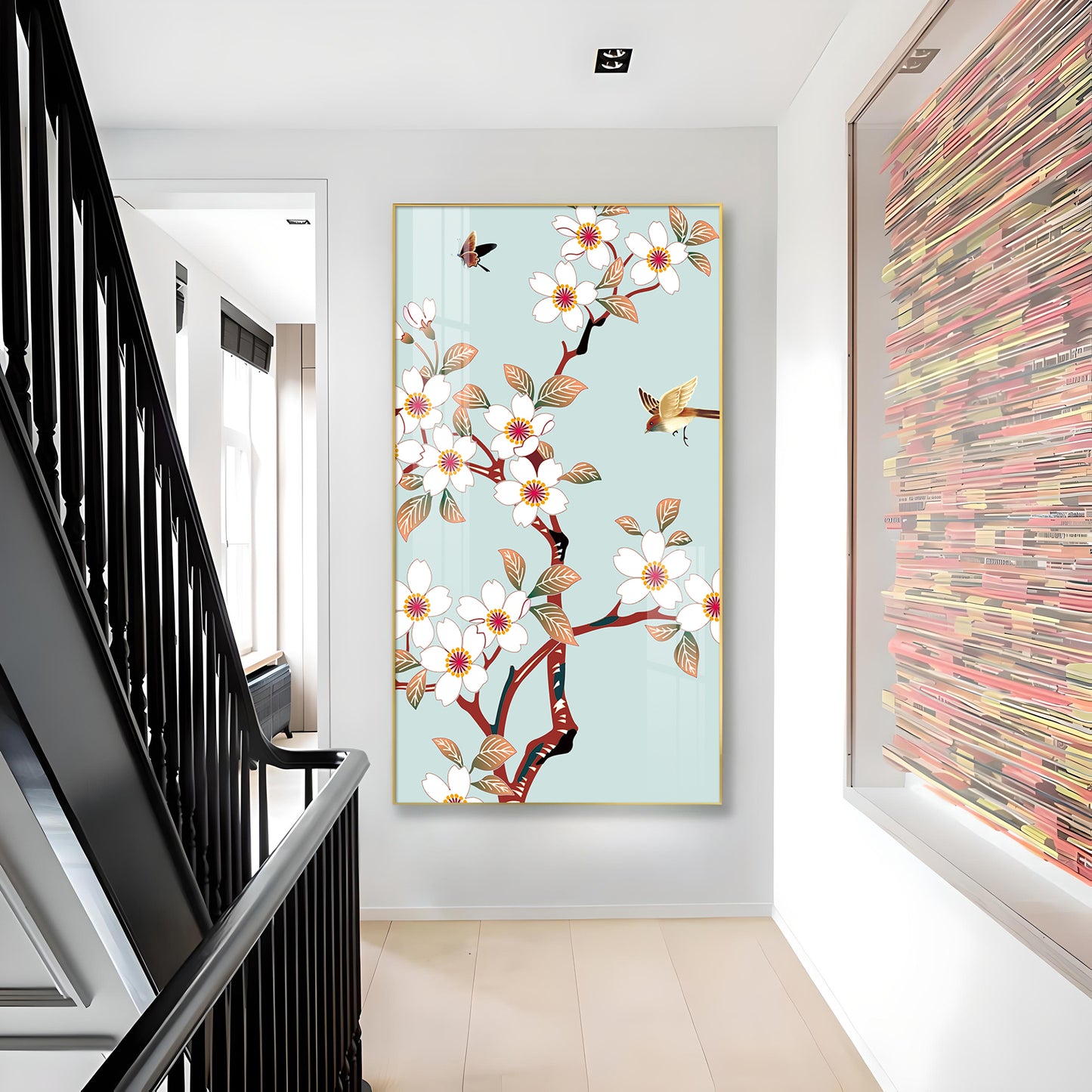 Avian Blossom Glass Finish Vertical Wall Art