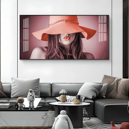 Modern Lady With Hat Glass Finish Horizontal Wall Art