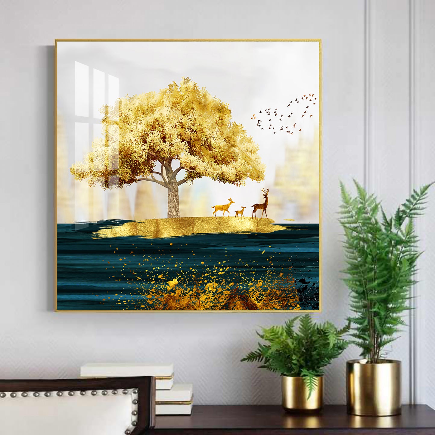 Golden Tree and Deer Glass Finish Square Wall Art