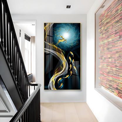 The Golden Swim Glass Finish Vertical Wall Art