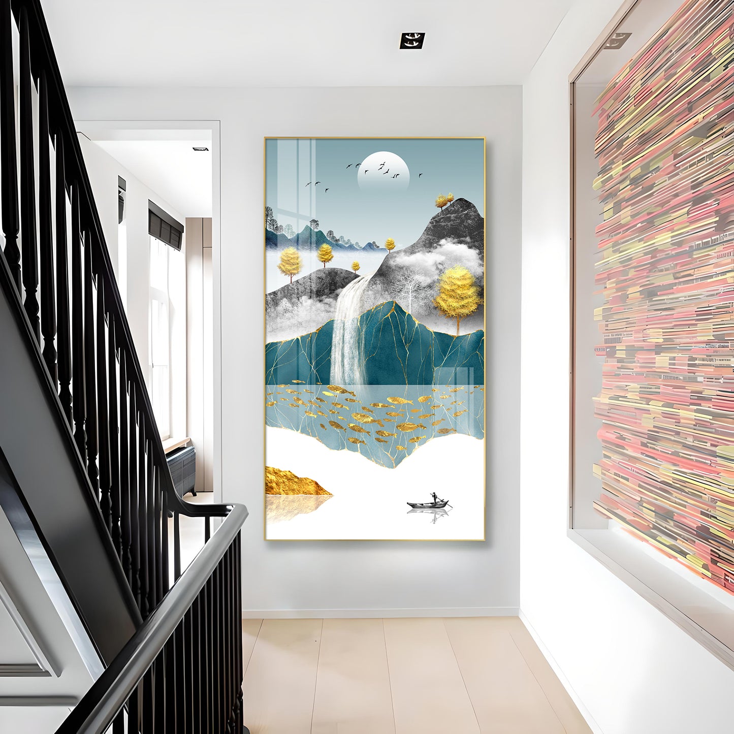 Painting of a Waterfall and Boat Glass Finish Vertical Wall Art