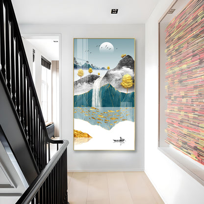 Painting of a Waterfall and Boat Glass Finish Vertical Wall Art