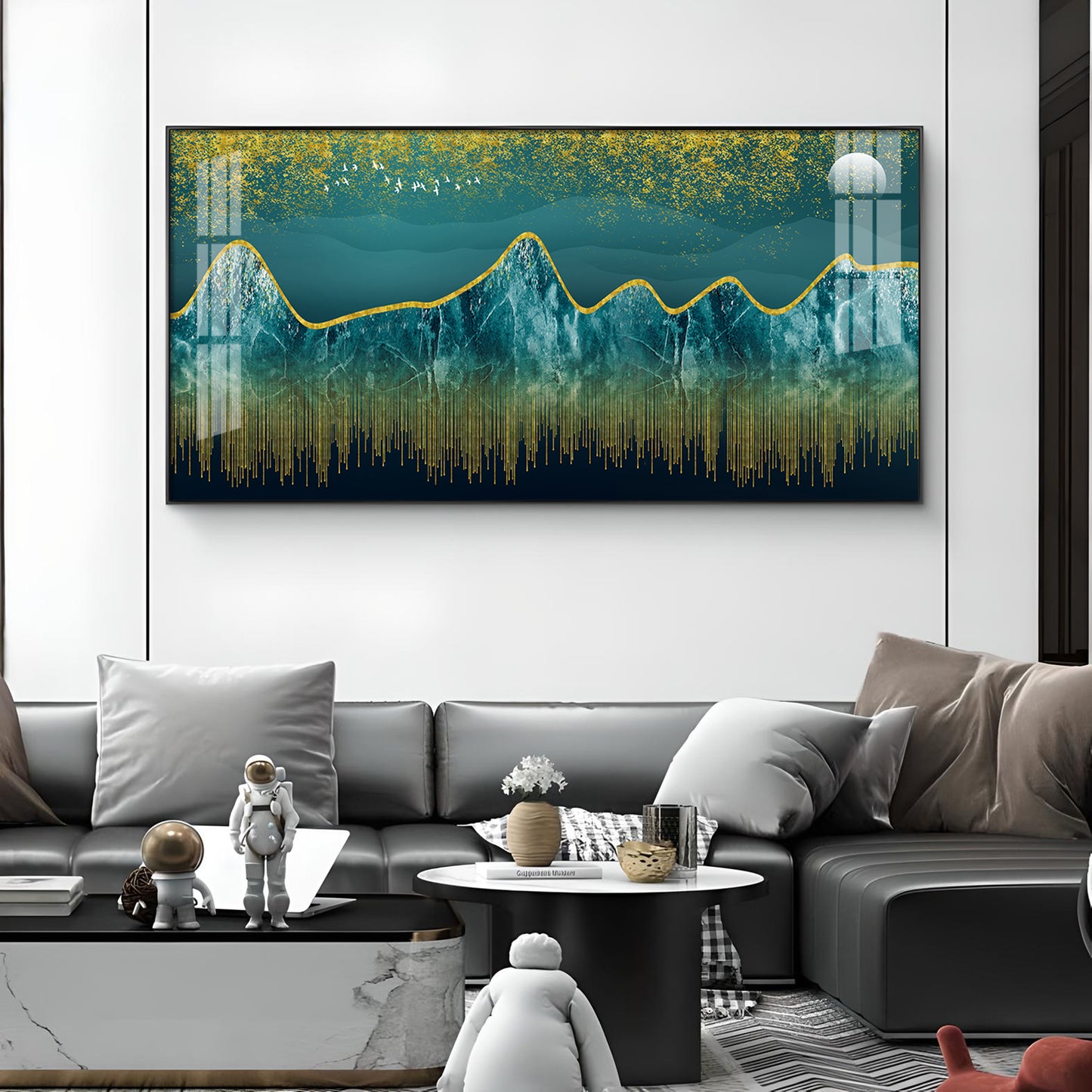 Dark Turquoise Mountains Glass Finish Horizontal Wall Art