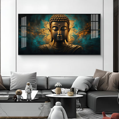 Lord Buddha Golden Glass Finish Horizontal Wall Art