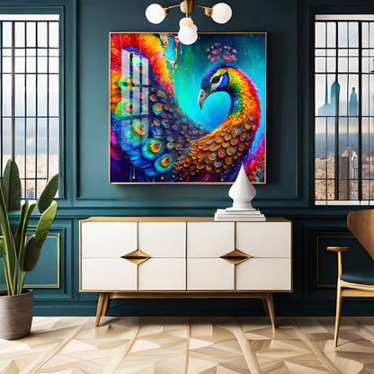 Peacock Elegance Glass Finish Square Wall Art