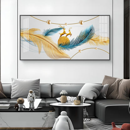 Golden Blue Feathers Glass Finish Horizontal Wall Art