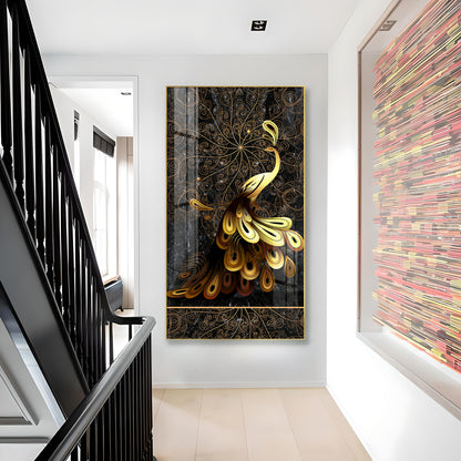 Golden Veil Peacock Glass Finish Vertical Wall Art