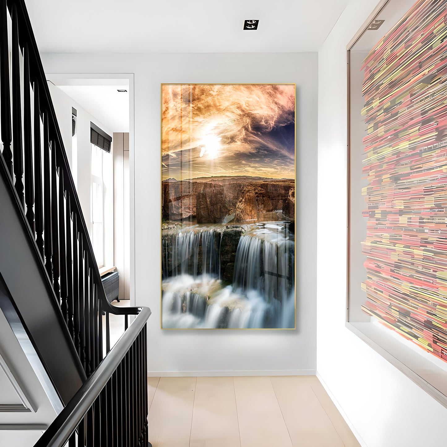 Dusk Over the Falls Glass Finish Vertical Wall Art