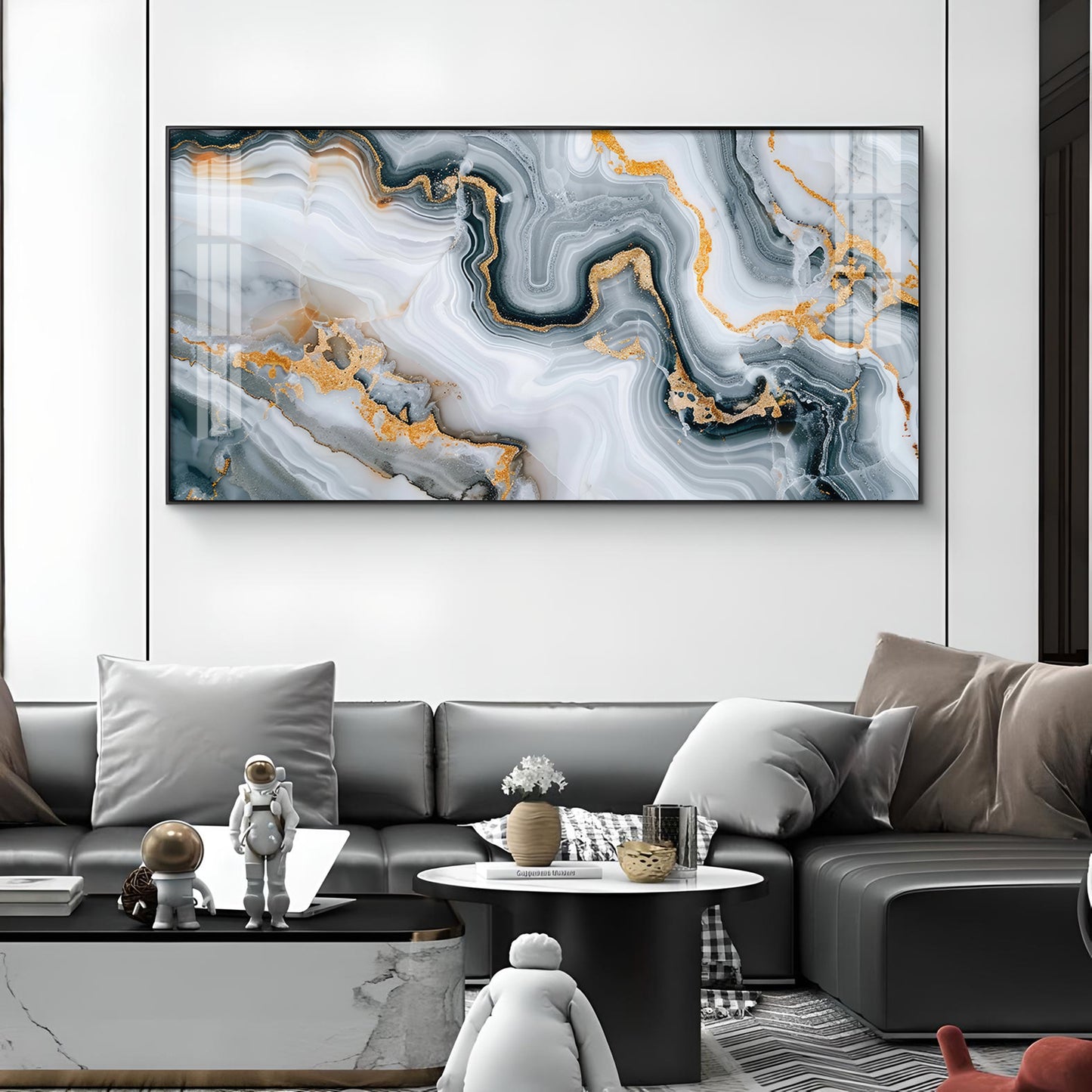 Modern Abstract Golden & Gray Glass Finish Horizontal Wall Art