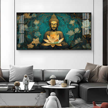 Golden Buddha With Lotus Glass Finish Horizontal Wall Art