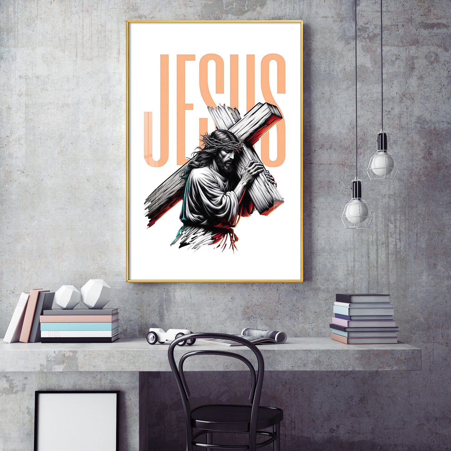 Jesus Christ with Cross Glass Finish Vertical Wall Art