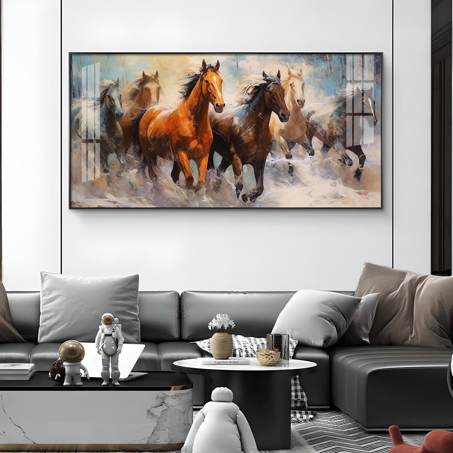 Jungle Running Horses Vastu Glass Finish Horizontal Wall Art