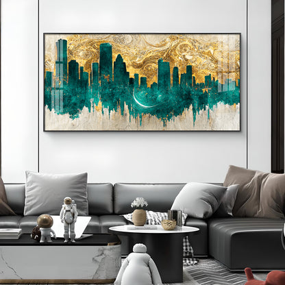 Golden Urban Vista Glass Finish Horizontal Wall Art