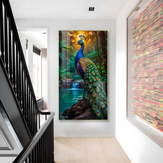 Majestic Peacock by Waterfall Glass Finish Vertical Wall Art