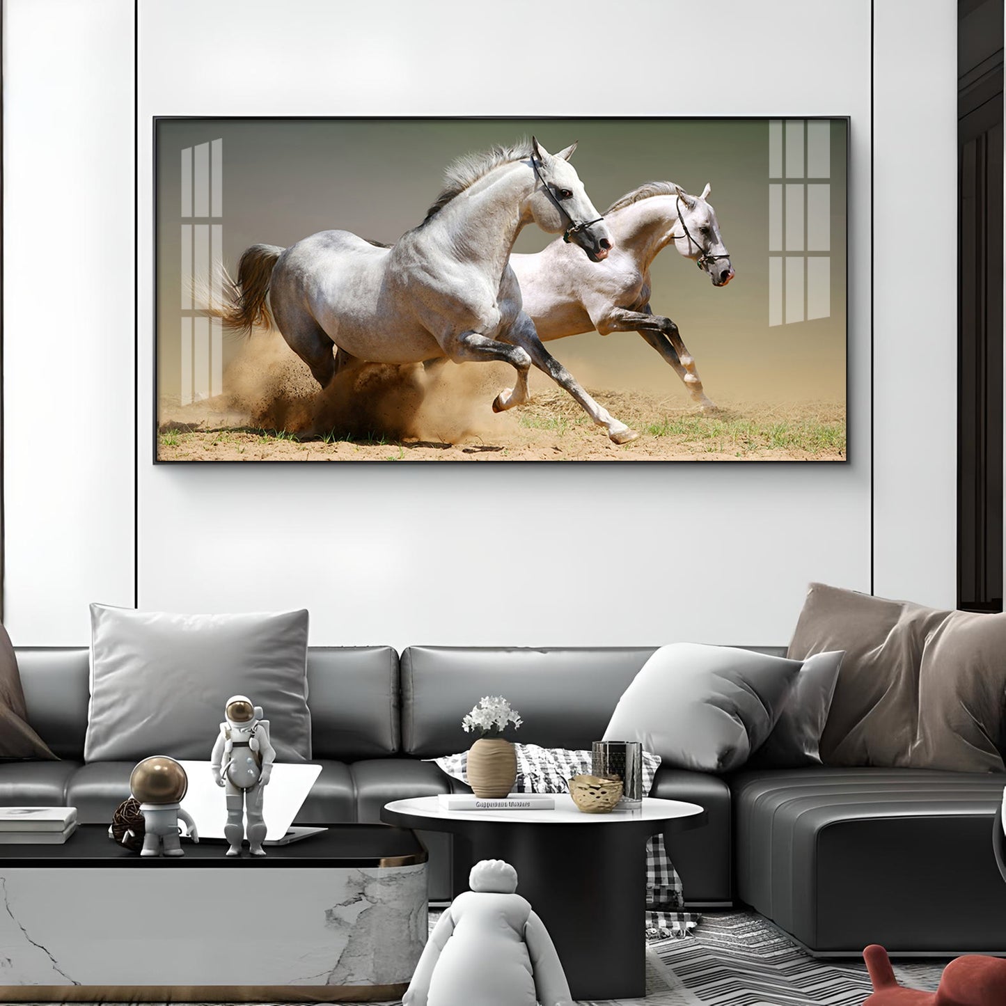 Satin Matt Running Horses Glass Finish Horizontal Wall Art