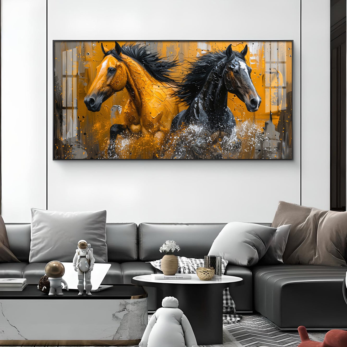 Two Horses Glass Finish Horizontal Wall Art