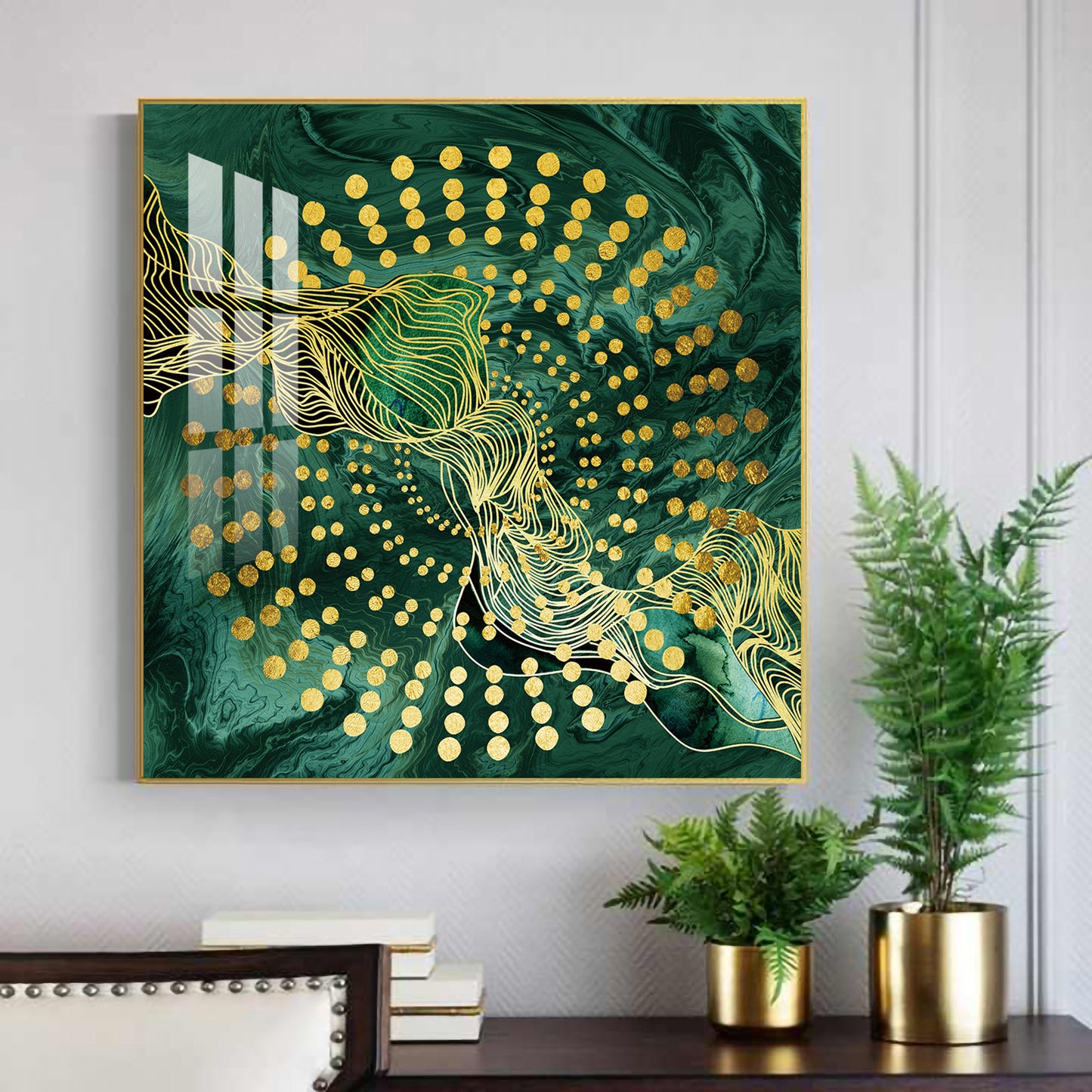 Emerald Abstraction Glass Finish Square Wall Art