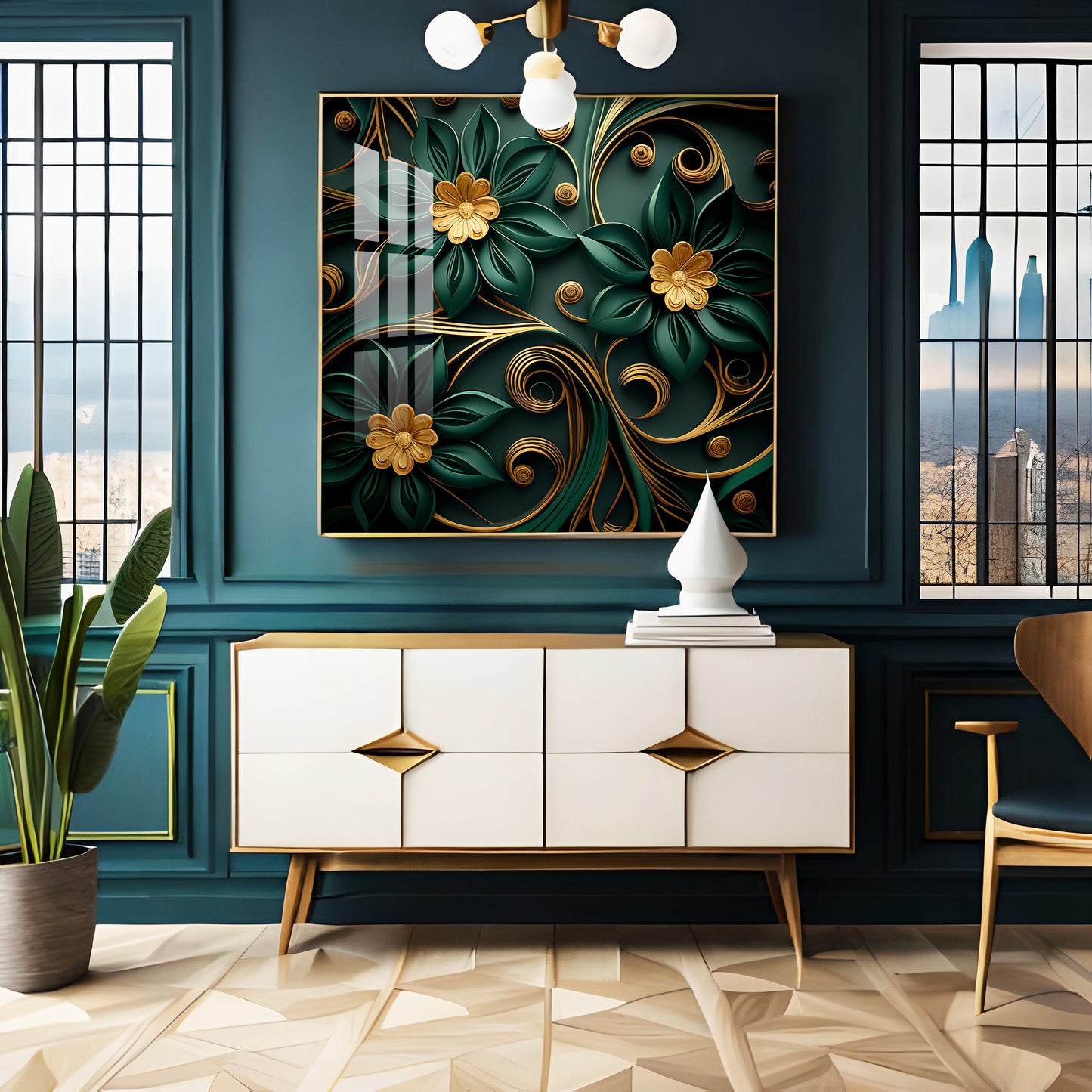 Emerald Garden Flower Glass Finish Square Wall Art