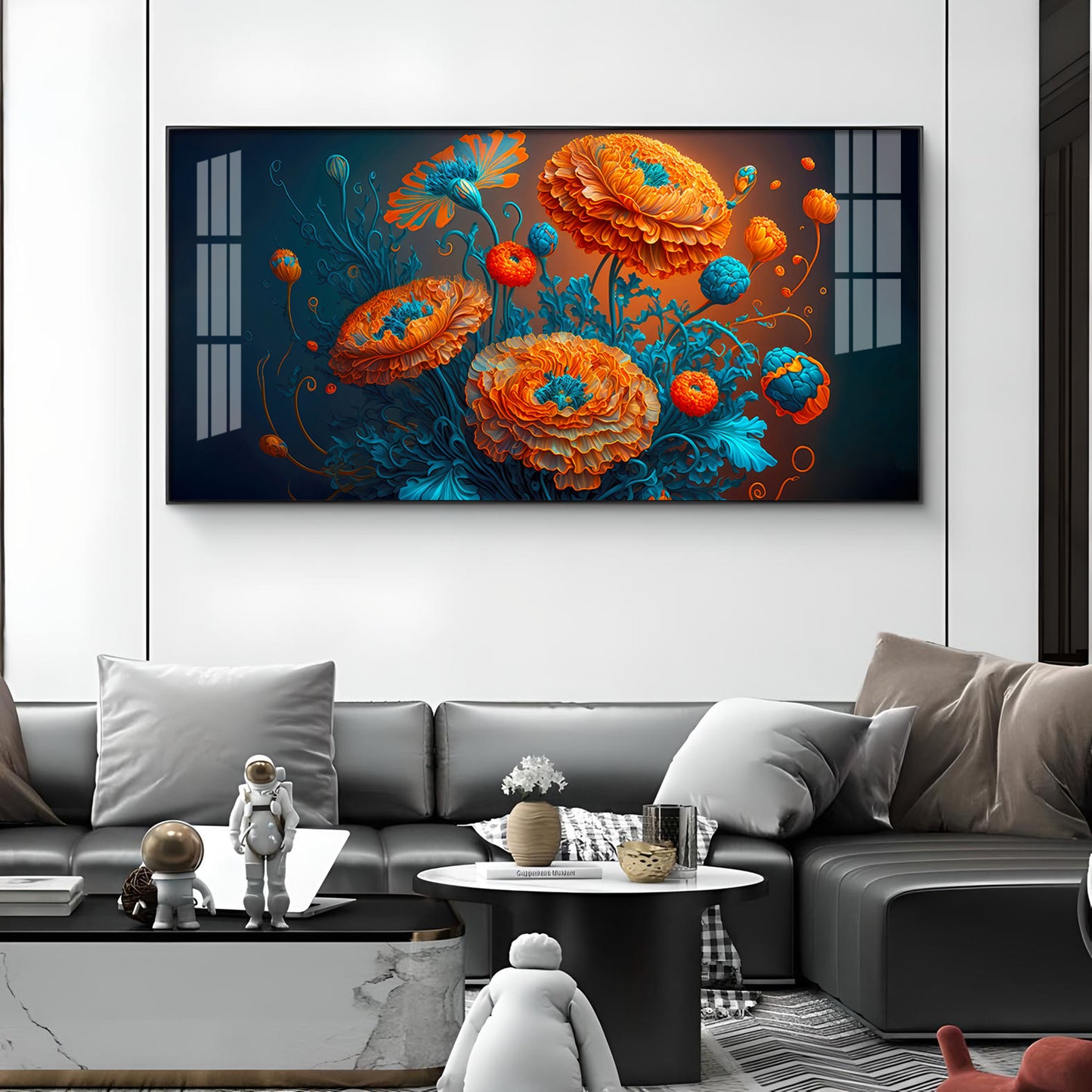 Blooming MariGold Flower Glass Finish Horizontal Wall Art